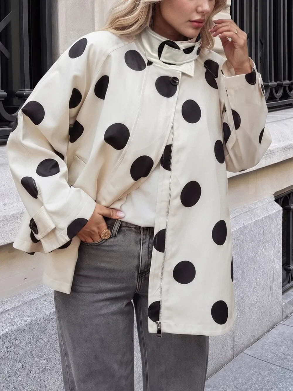 Black And White Casual Women's Polka Dot Print Raglan Long Sleeve Jacket